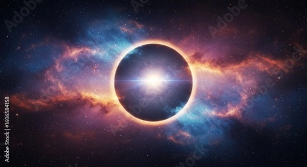 Fototapeta A celestial body is surrounded by vibrant cosmic clouds and light.