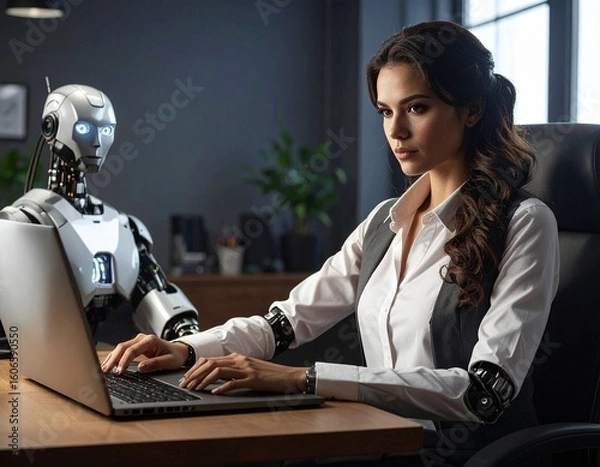 Fototapeta A futuristic office environment where a woman and a robot seamlessly exchange data and ideas, symbolizing the blend of technology and human insight.