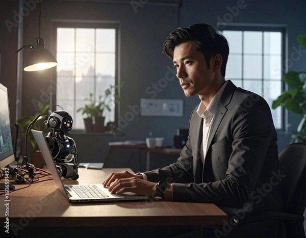 Fototapeta An advanced office setting where innovation thrives as a man and AI robot tackle complex tasks together, representing the future of intelligent teamwork.