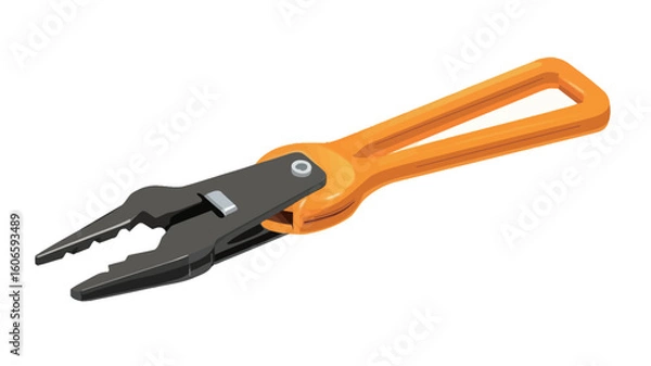 Fototapeta A close-up studio shot of a handheld clamp tool. The tool is predominantly black with an orange handle.  The image has a white background and shows the tool in sharp focus with no shadows. 