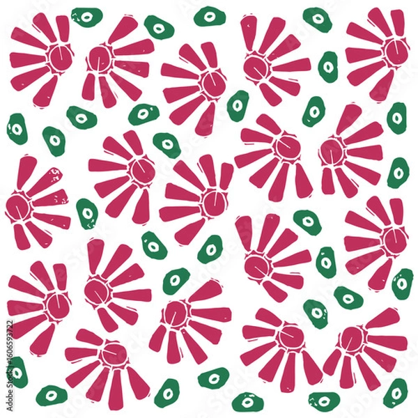 Fototapeta Handmade red floral and green dot pattern. Imperfect stamp vector design.