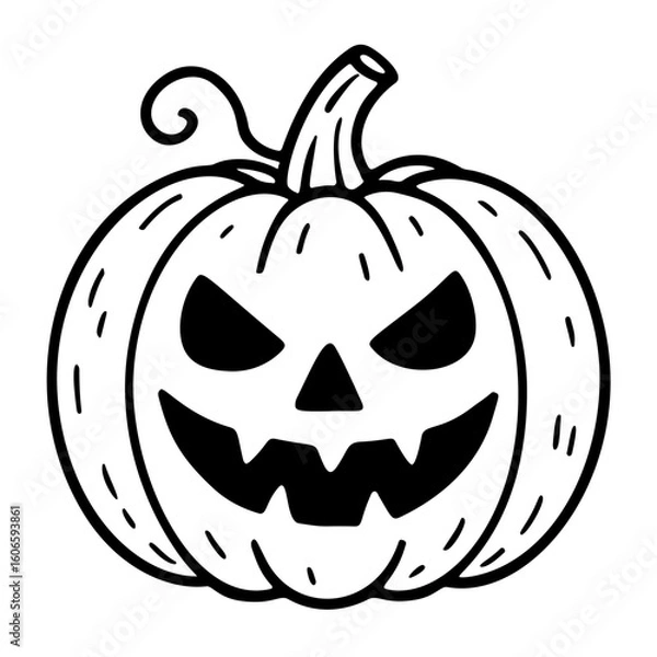 Obraz Scary Halloween pumpkin black and white icon line art, doodle style. Jack o lantern Ideal for logo, tattoo, app, coloring book, web design, infographics, banner, poster, and more. Vector illustration