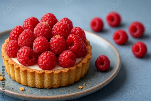 Fototapeta Raspberry Tart on Blue Plate with Cream Filling and Fresh Berries