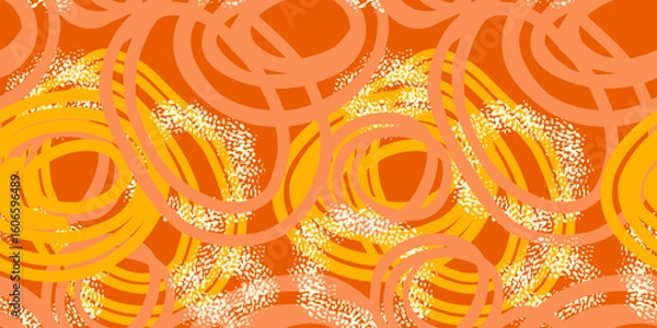 Fototapeta Seamless vector pattern with abstract hand drawn circles in yellow, orange and coral tones. Dynamic, energetic brush strokes create a modern artistic design, perfect for textiles, packaging, wallpaper