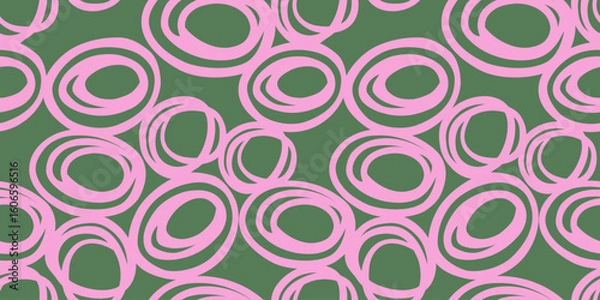 Fototapeta Seamless abstract pattern featuring hand drawn pink circular shapes on a coral, green background. Plain ornament print for modern textiles, gift wrapping, wallpapers, branding, and stationery design.