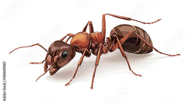 Fototapeta A detailed close-up photograph of a single red ant against a pure white background. The ant is sharply focused, showcasing intricate details of its body, including its segmented body, six legs,