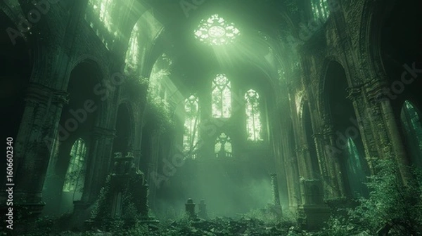 Fototapeta Dilapidated church interior with light streaming through gothic windows