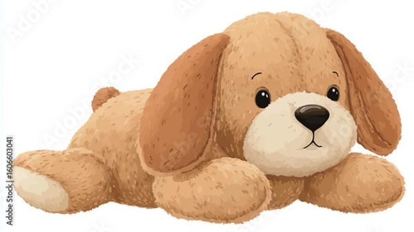 Fototapeta Digital illustration of a beige and brown plush puppy toy lying down. The puppy is depicted in a cartoonish style, with large, expressive eyes and soft features.  