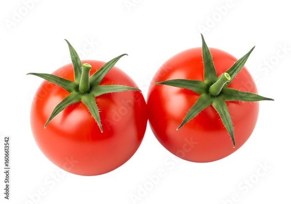 Obraz Two ripe red tomatoes with green stems isolated on transparent background