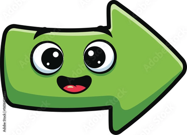 Fototapeta Cute arrow points right with smiling face. Direction, forward, happy, cheerful, guide, sign, symbol, navigation.