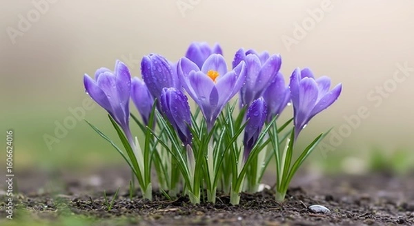 Fototapeta Glistening Blue Crocuses Spring Rain’s Embrace, Blue Crocuses After the Rain Nature’s Fresh Canvas