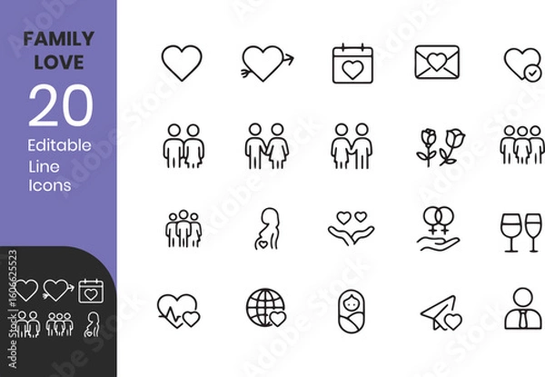 Fototapeta Family and Love Line Editable vector line Icons set