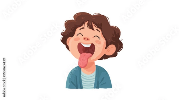 Fototapeta Digital illustration of a young boy with short, curly brown hair. The boy's face is the main focus, with his mouth open and tongue sticking out.  His expression is one of playful mischief.
