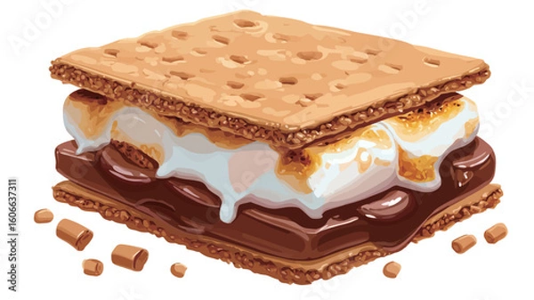 Fototapeta A digital illustration of a s'mores sandwich. The sandwich consists of two graham crackers with a layer of melted marshmallows and chocolate in between. The marshmallows are slightly browned and