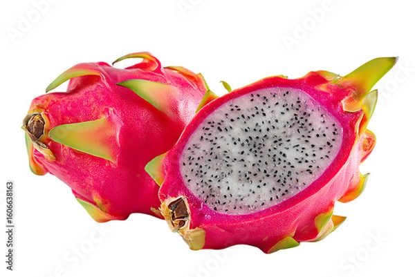 Fototapeta A pair of dragon fruits, one whole and one sliced, presented against a clean white backdrop on transparent background