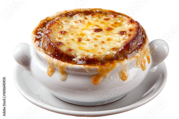 Fototapeta Hearty french onion soup with melted cheese and toasted bread isolated on transparent background on transparent background