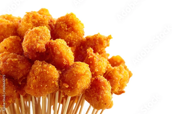 Fototapeta On transparent background a closeup shot of crispy fried chicken nuggets on wooden skewers presented against