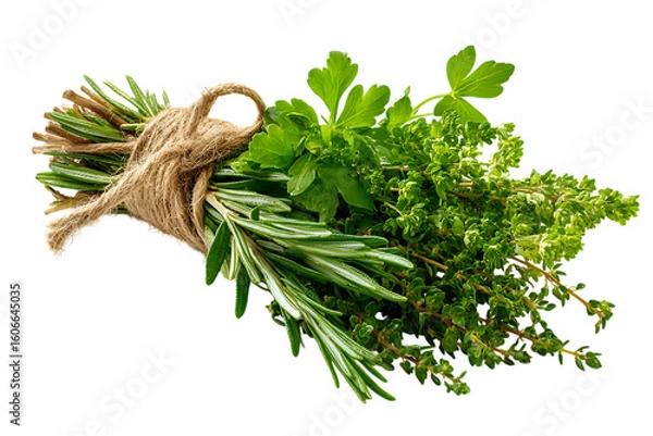 Fototapeta A fresh bundle of culinary herbs including rosemary, thyme, and parsley tied with twine on transparent background