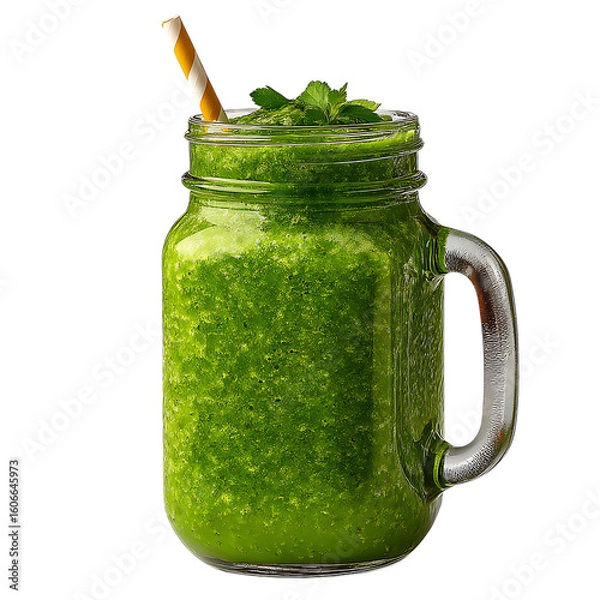Fototapeta A vibrant green smoothie in a mason jar with a straw, isolated on white on transparent background