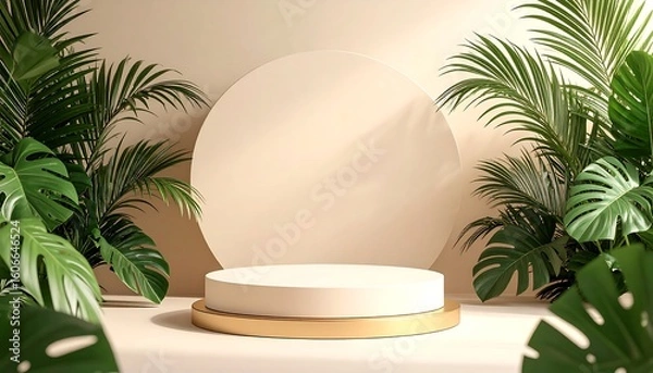 Fototapeta Beige backdrop, lush greenery, and a simple podium