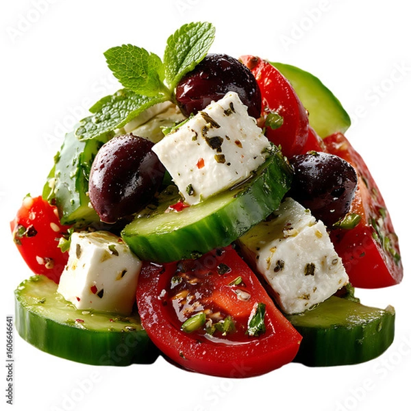 Fototapeta A delicious greek salad with feta cheese, olives, cucumber, and tomatoes on transparent background