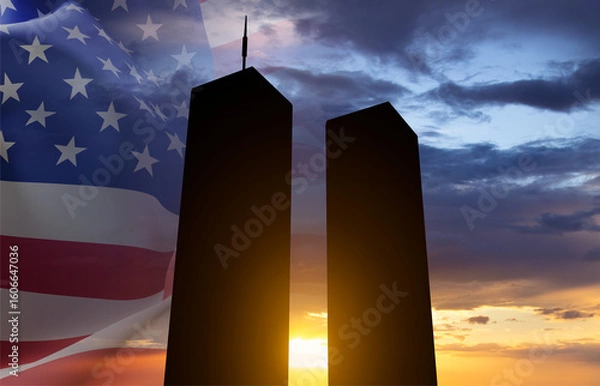 Obraz Twin Towers silhouette with USA flag against the sunset