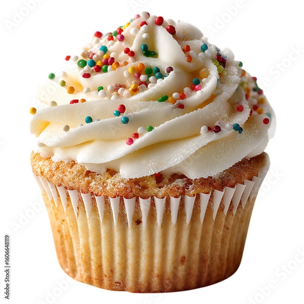 Fototapeta On transparent background a single freshly baked vanilla cupcake topped with swirls of white buttercream