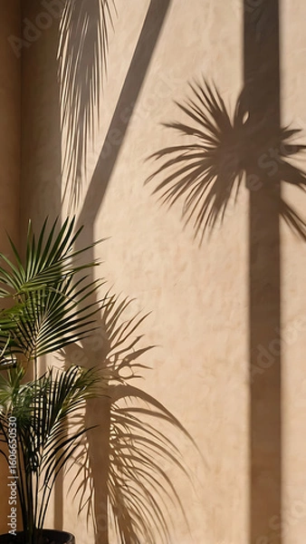 Fototapeta Palm leaf shadow on a warm beige wall in bright natural sunlight. Tropical atmosphere conveying a sense of calm, warmth