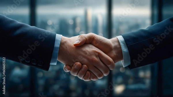 Fototapeta Handshake between two CEOs in formal suits with panoramic city view, bright daylight, reflections, symbolic partnership moment.