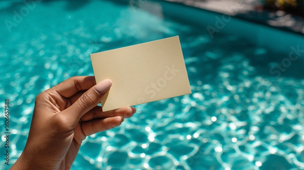 Fototapeta Hand Holding Blank White Card by a Sparkling Blue Swimming Pool on a Sunny Day
