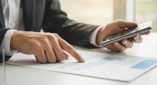 Obraz Businessman hand is holding smartphone and point to graph in office environment, analyzing financial data.