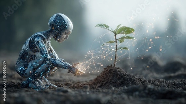 Fototapeta Robot Nurturing Plant – Futuristic Nature and Technology Harmony Concept