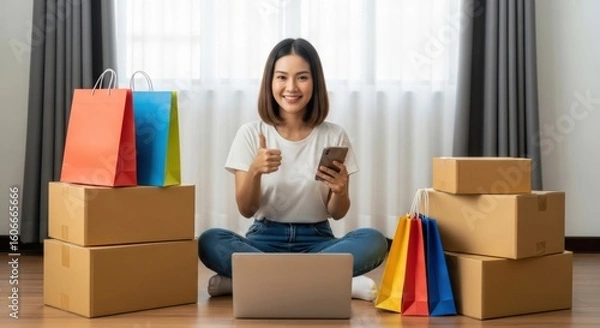 Obraz Young woman sitting on floor with shopping bags, cardboard boxes, laptop, and smartphone, smiling and showing thumbs up