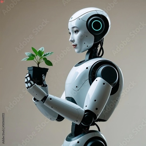 Fototapeta Humanoid Robot Holding a Small Potted Plant, Future of Agriculture, Artificial Intelligence, Modern Farming