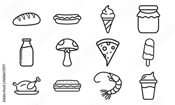 Fototapeta Minimal Line Art Food and Drink Icons – Bread, Hotdog, Ice Cream, Jam Jar, Milk Bottle, Pizza Slice, Mushroom, Popsicle, Chicken, Sandwich, Shrimp, and Beverage in Doodle Style for Menu and Culinary 
