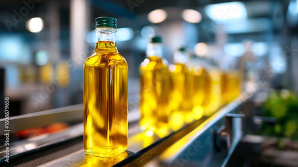 Fototapeta Bottles of olive oil on a conveyor belt in a production facility during daytime processing