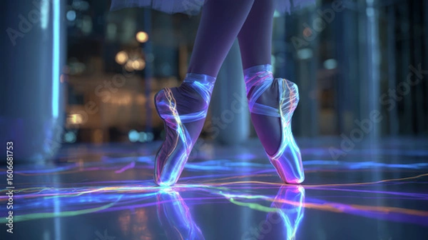 Fototapeta Graceful ballerina legs on glowing pointe shoes wrapped in neon ribbons. A futuristic contrast of classical art and modern digital aesthetics