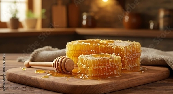 Fototapeta Round Honeycomb with Honey Dipper on Wooden Cutting Board in Cozy Rustic Kitchen
