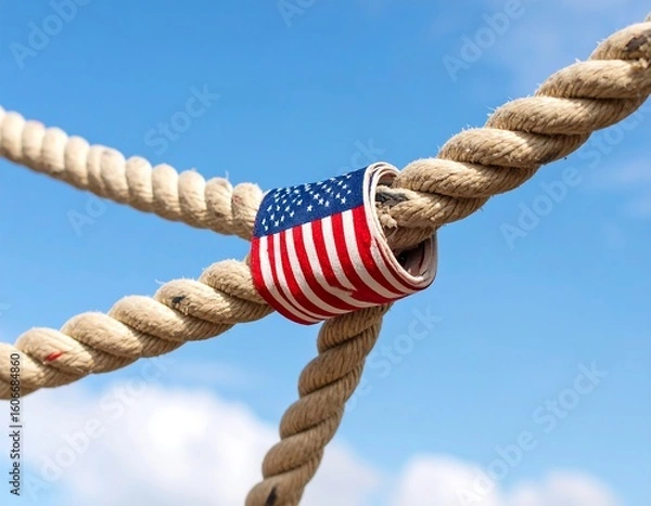 Fototapeta American flag wrapped around a rope knot against a blue sky