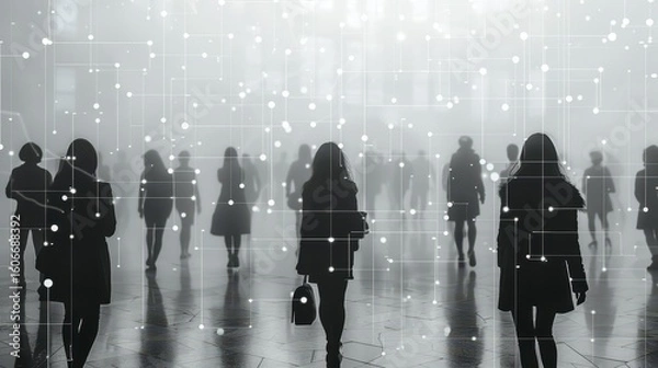 Fototapeta Crowded city space. Silhouetted figures move in the fog, connected by a web of dots