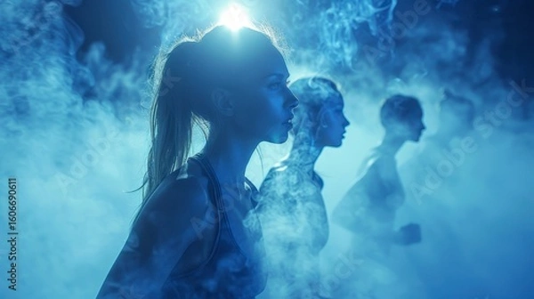 Fototapeta Women jogging, backlit in a hazy blue atmosphere, determined expressions