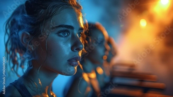 Fototapeta Intense focus on woman's face, partially obscured by others; dramatic blue/orange lighting, possibly performance stage