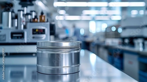 Fototapeta Metal can sits on lab table, equipment and blurred worker in background, bright
