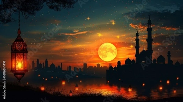 Fototapeta Sunset over city skyline with mosques, glowing lanterns, reflections, and a large moon