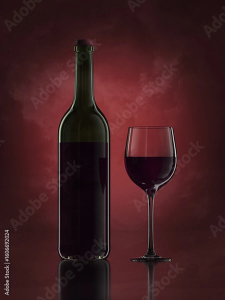 Fototapeta The classic wine bottle and wine glass on the pink abstract background with no branding. 3d render