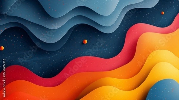 Fototapeta Colorful layered wavy abstract background. Reds, oranges, yellows meet blues with red dots