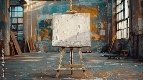 Fototapeta Easel with a thickly painted canvas in an old, derelict industrial building with large windows