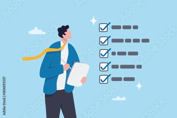 Fototapeta Checklist task accomplishment, approval digital document, list planning, completion or productivity task finish or job done checklist, businessman tick checkbox as completed on digital tablet.