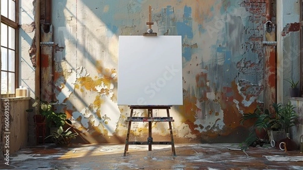 Fototapeta Easel with blank canvas sits in sunny, textured room with peeling paint and plants