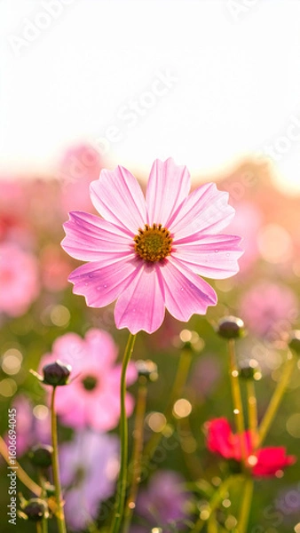 Obraz 꽃잎 위에 섬세하게 맺힌 물방울이 있는 분홍색 코스모스를 클로즈업으로 촬영한 장면